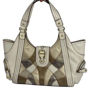 VTG ETIENNE AIGNER Large Patchwork Leather Handbag Gold Accent, Snap Closure EUC